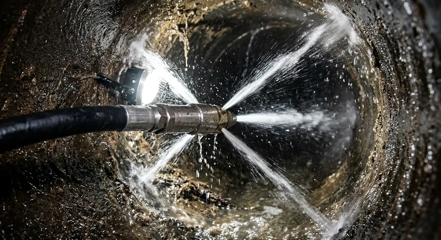 High-pressure hydro jetting nozzle cleaning sewer pipe for Trenchless Sewer Repair in Maynard