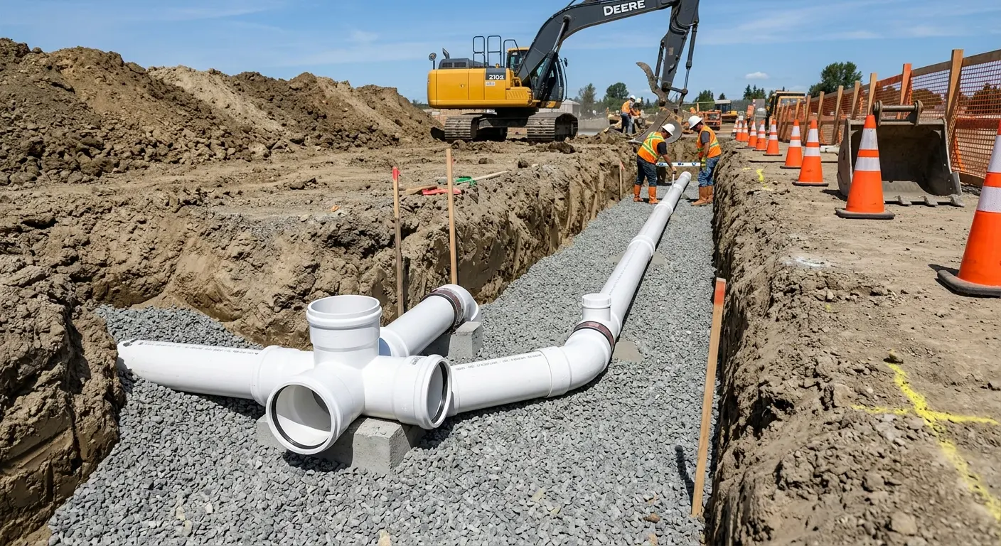 New PVC sewer pipe installation in open trench for Commercial Drain Cleaning in Maynard