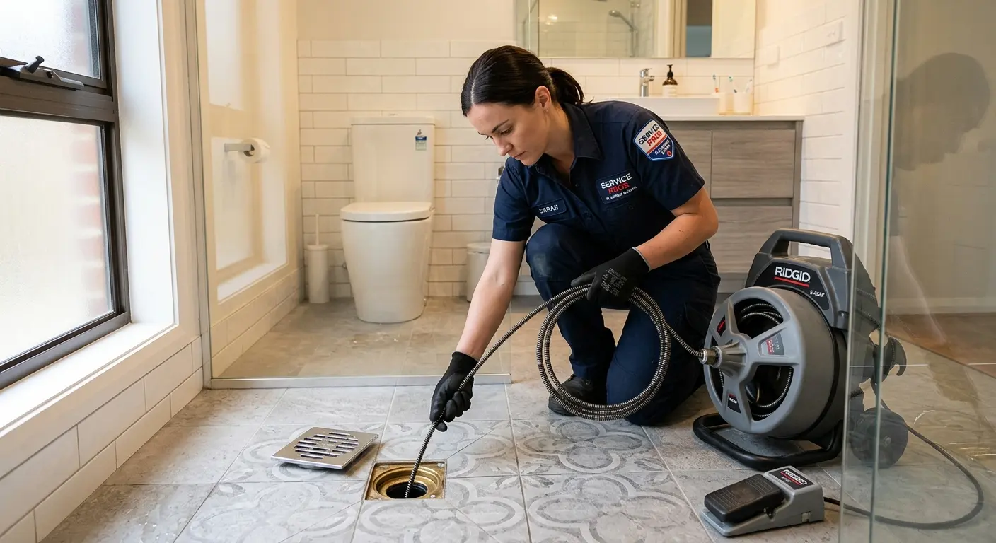 Technician clearing a bathroom floor drain for Drain Repair in Maynard